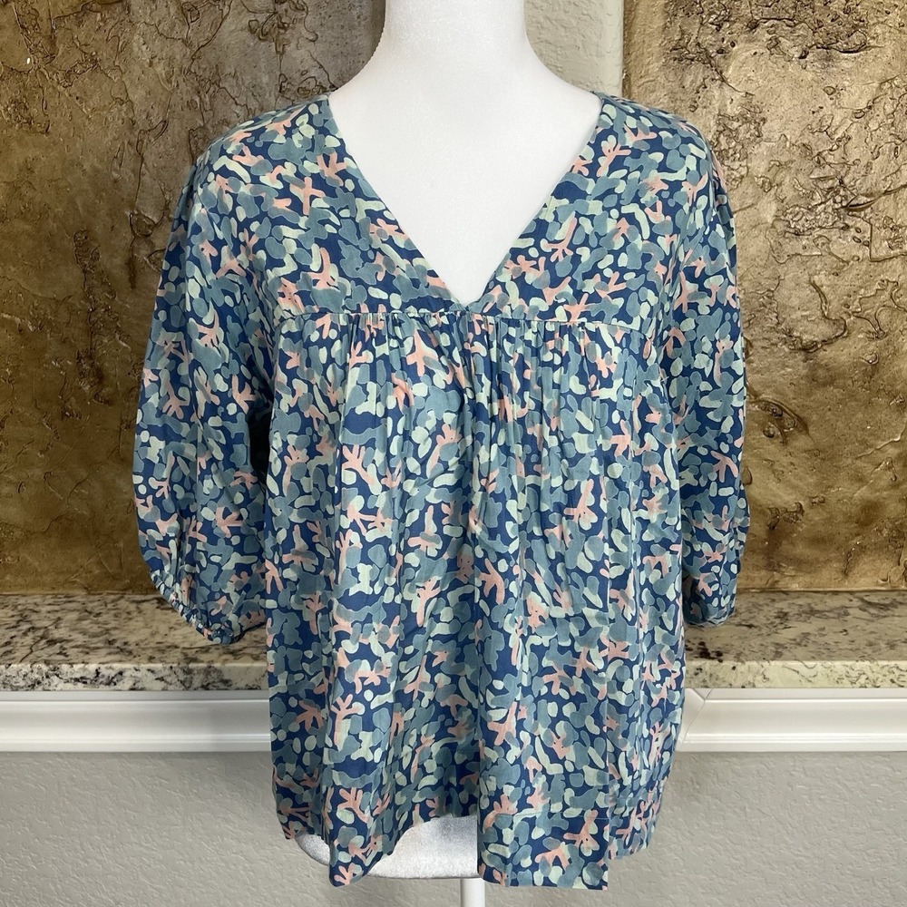 MIRTH Blouse Size XS Blue V Neck Ruffled Cotton Hand Made India Boho *Flaw